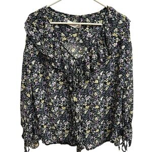 The Lemon Sheer Floral Boho Blouse Ruffle Tie Neck Peasant Top